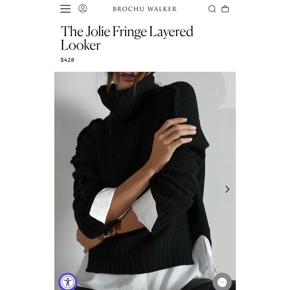 Brochu Walker Jolie Fringe Layered Looker black Cashmere Wool Sweater Sz S $428